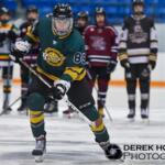 young man on ice wearing full hockey gear in action pose